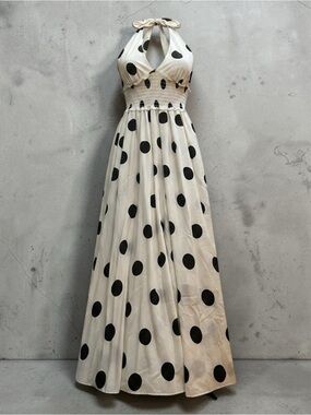 Love By Design Cream Halter Maxi Dress with Black Polka Dots